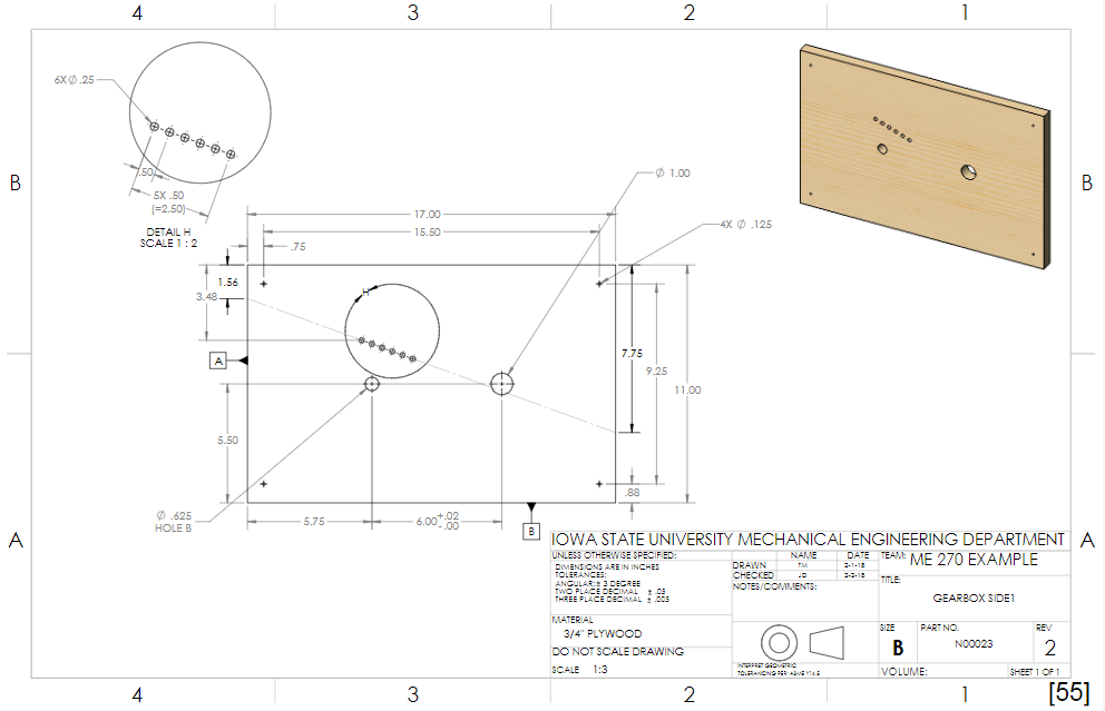 An engineering part drawing of the gearbox side, with dimensions for each angle outlined, isometric view, and title block.