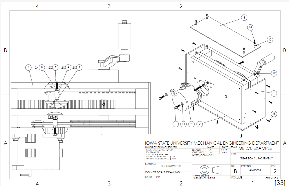 Representation of a subassembly drawing with balloon numbered parts, sectionioning of the top, and title block..