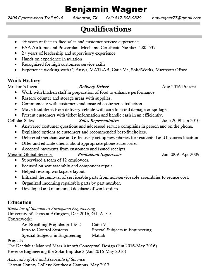 Resume with three sections. Sections include qualifications, work history and education.