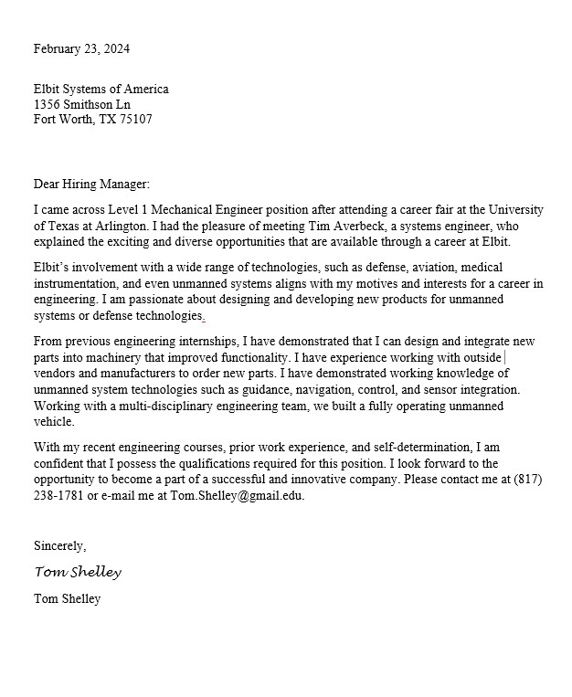 An example to an organized and professional cover letter.
