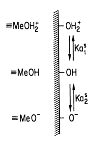 Diagram of surface metal hydroxyl sites, showing the first acid dissociation (≡MeOH₂⁺ to ≡MeOH) and second acid dissociation (≡MeOH to ≡MeO⁻)