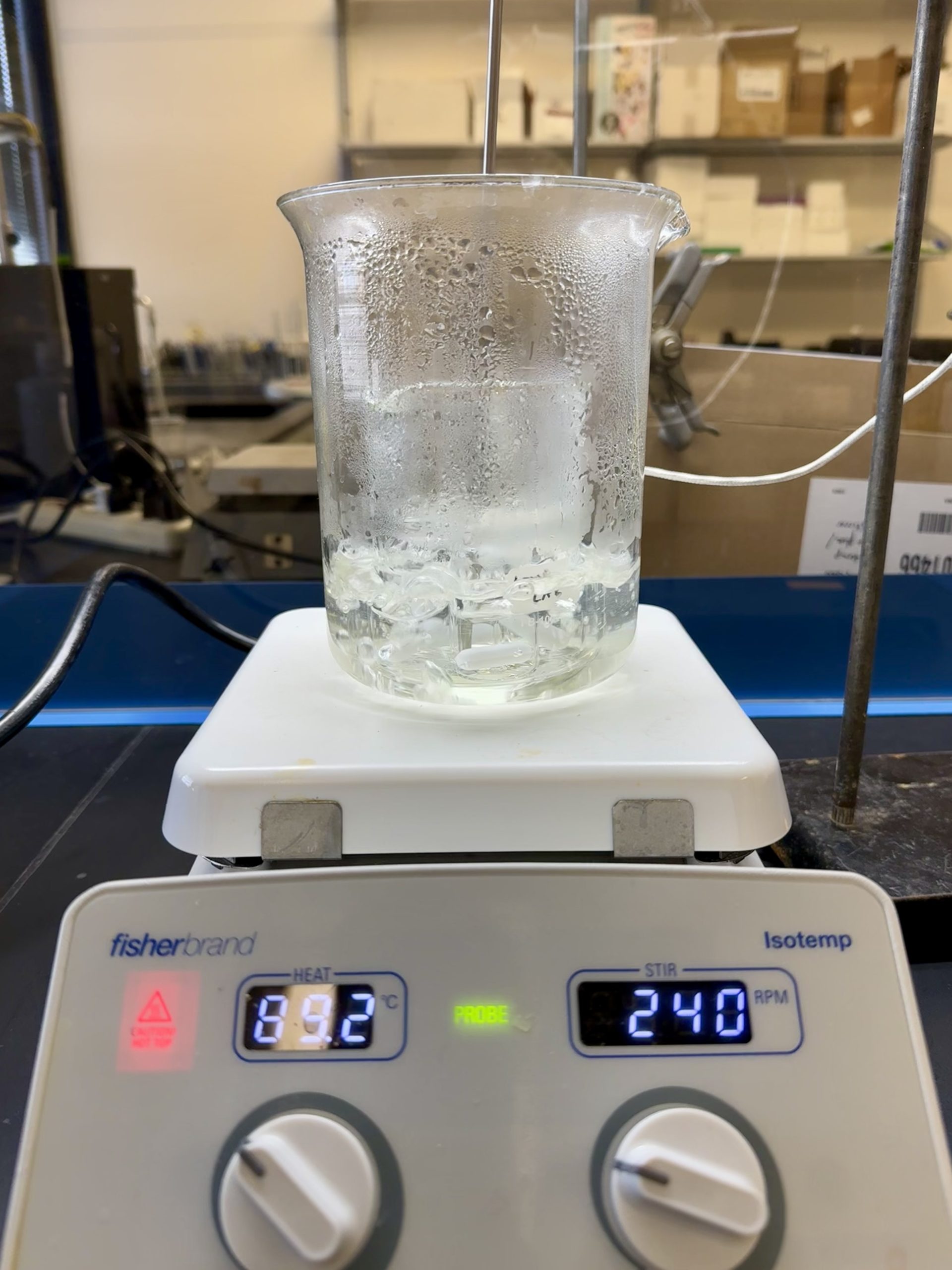 Gold chloride solution on a hotplate, before sodium citrate addition.