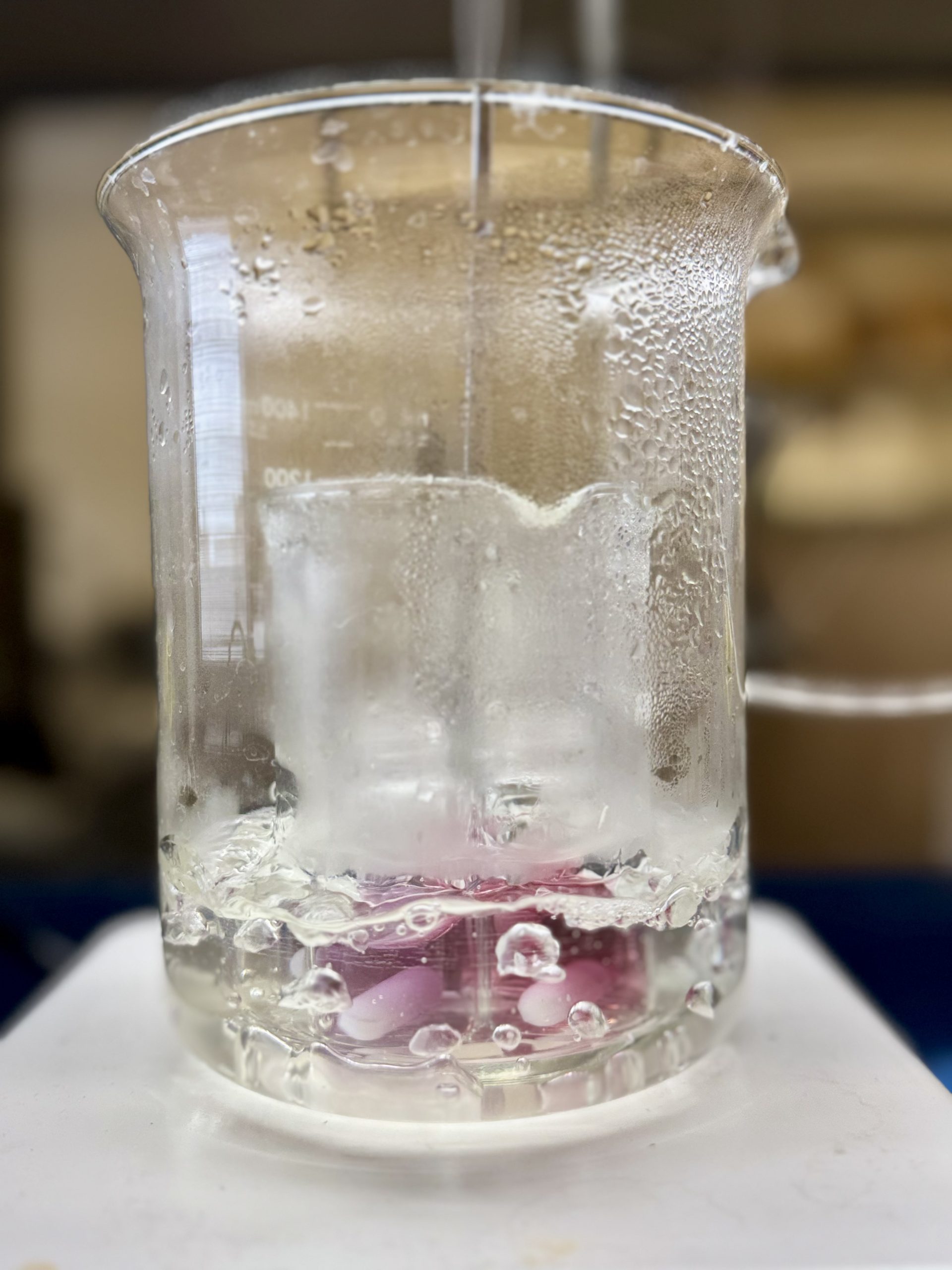 Synthesized gold nanoparticles on a hotplate, showing a red color.
