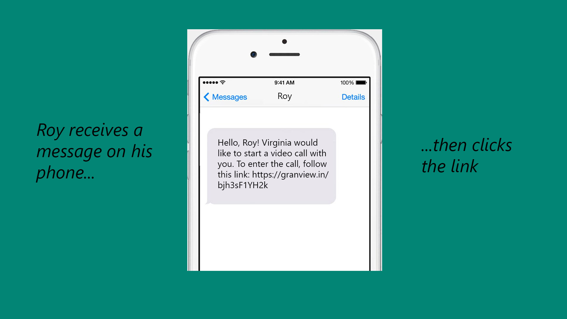 Roy receives a message on his phone and then clicks the link in the message.