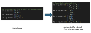 The state space representation matrices A, B, and C in Python for both initial full state feedback control and integral control.