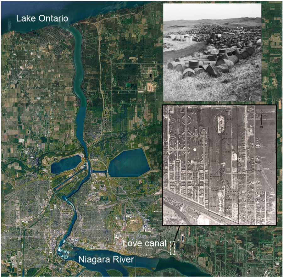 Satellite image of the Love Canal and its proximity to the Niagara River and Lake Ontario. Overlaid photographs show the condition of the canal in 1951.