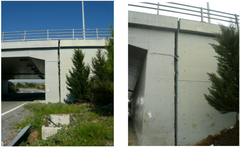 Left hand photograph shows an overpass, with a crack running from the ground to the top surface of the bridge. Right hand photograph shows a close-up of the vertical crack.