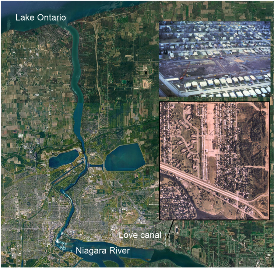 Satellite image similar to the previous figure, with overlaid photos showing condition of the canal (free of contaminants) after restoration.